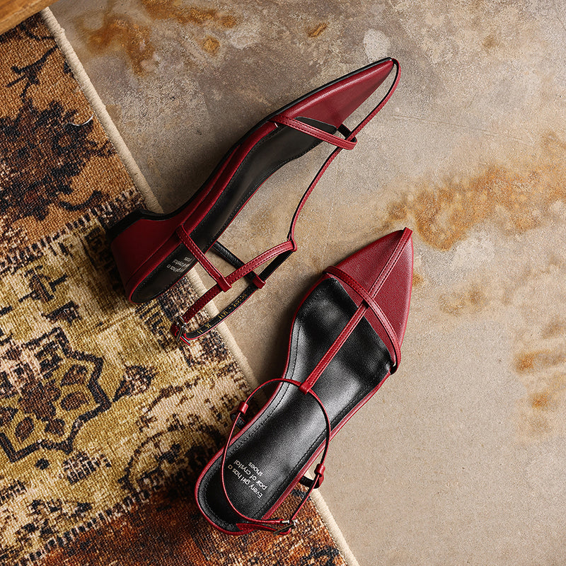Women's Pointed Toe Strappy Sandals Vintage Kitten Heel T-Strap Buckle Shoes