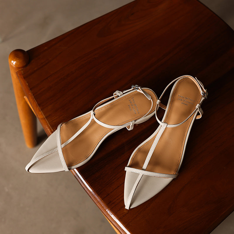 Women's Pointed Toe Strappy Sandals Vintage Kitten Heel T-Strap Buckle Shoes