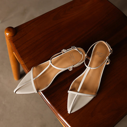 Women's Pointed Toe Strappy Sandals Vintage Kitten Heel T-Strap Buckle Shoes