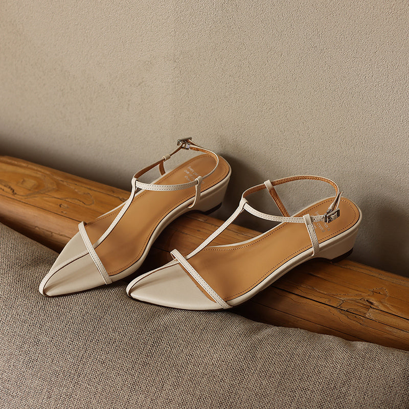 Women's Pointed Toe Strappy Sandals Vintage Kitten Heel T-Strap Buckle Shoes