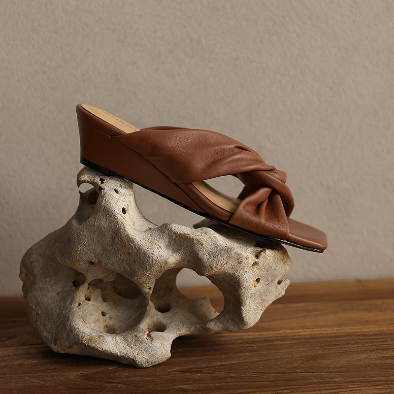 Ultra-Soft All-Sheepskin Summer Slides - Comfortable Wedge Sandals with Twisted Knot