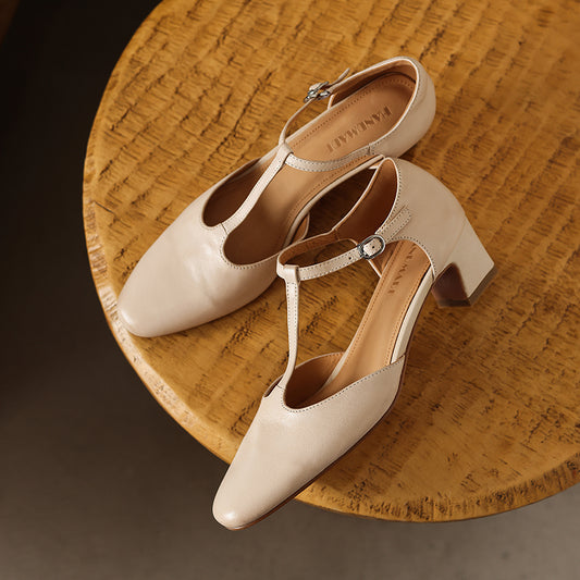 Women's Leather T-Strap Pumps - Vintage Washed Cowhide Closed Mid Block Heel Sandals d'Orsay Shoes with Buckle Strap