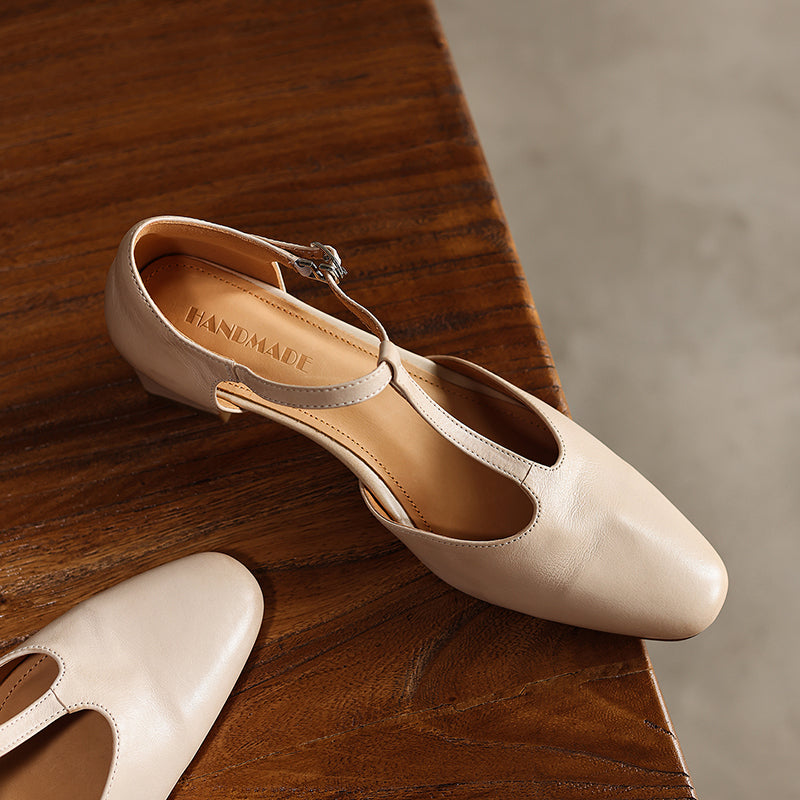 Women's Leather T-Strap Pumps - Vintage Washed Cowhide Closed Mid Block Heel Sandals d'Orsay Shoes with Buckle Strap