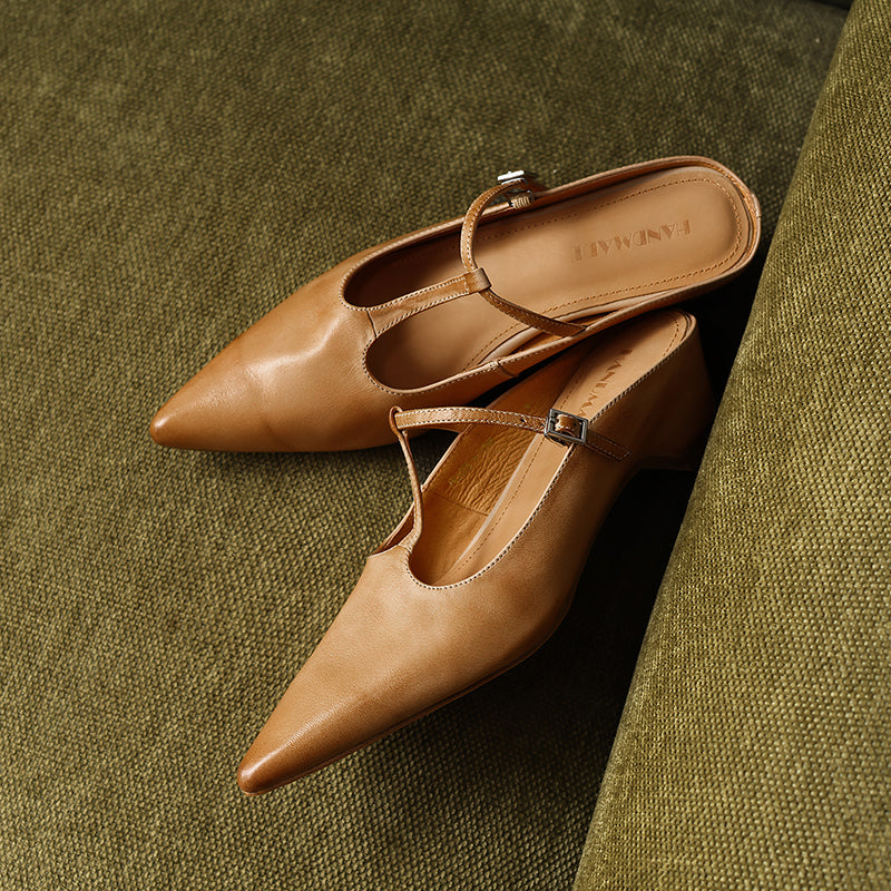 Womens Pointed Toe T-Strap Leather Mules Vintage Kitten Heel Slip-on Sandals