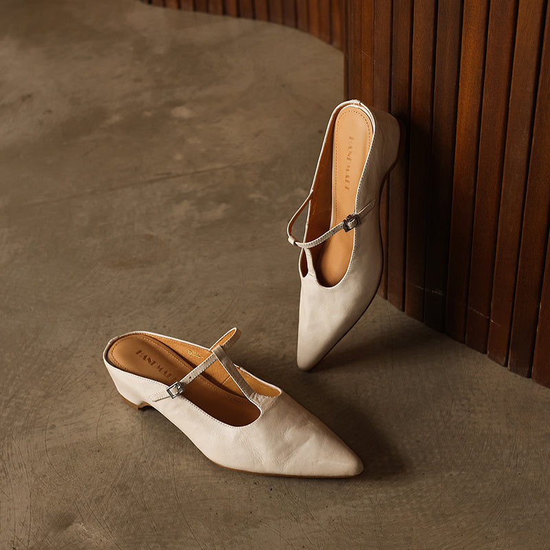 Womens Pointed Toe T-Strap Leather Mules Vintage Kitten Heel Slip-on Sandals