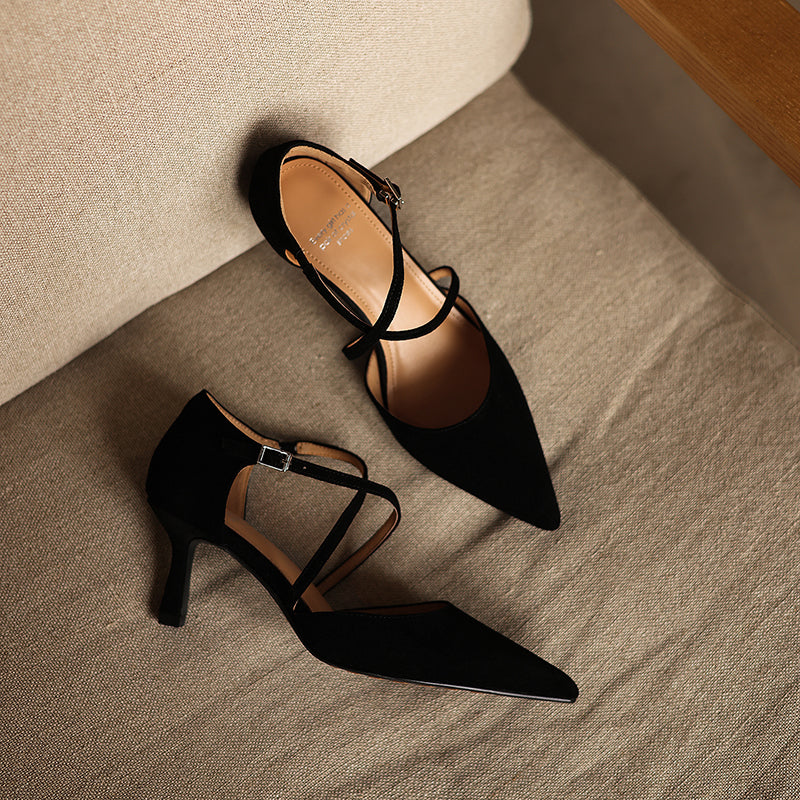Women's Sheepskin Suede Pointed-Toe Pumps Stiletto Heel - Criss-cross Straps