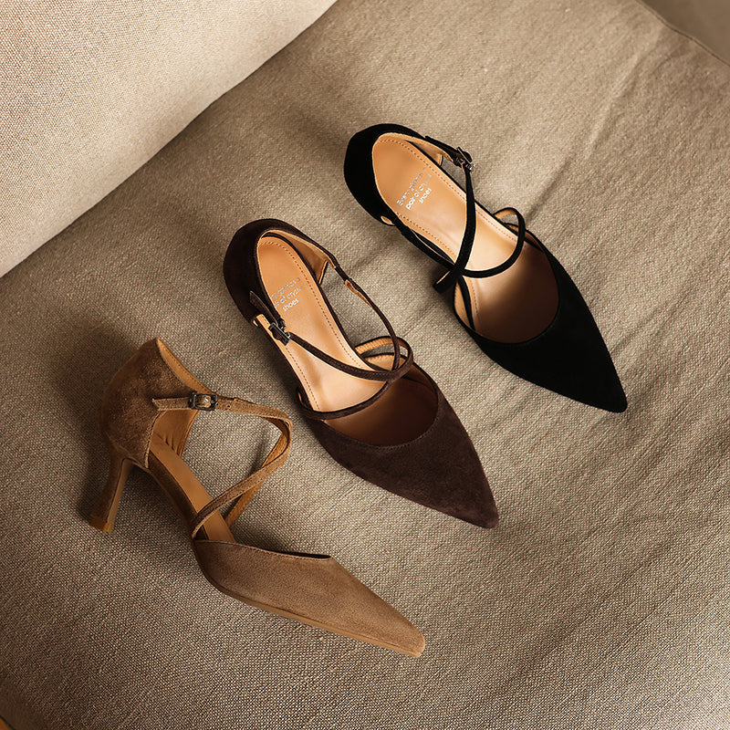 Women's Sheepskin Suede Pointed-Toe Pumps Stiletto Heel - Criss-cross Straps