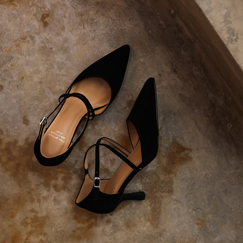 Women's Sheepskin Suede Pointed-Toe Pumps Stiletto Heel - Criss-cross Straps