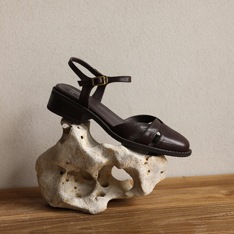 Women's Artisanal Round Toe Leather Sandals - Perforated Cowhide Summer Shoes