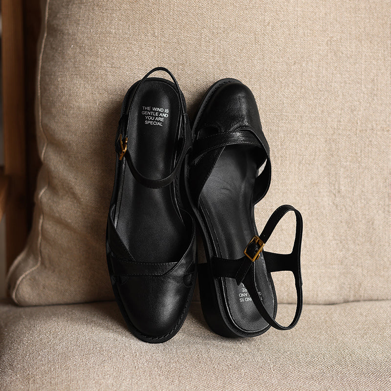 Women's Artisanal Round Toe Leather Sandals - Perforated Cowhide Summer Shoes