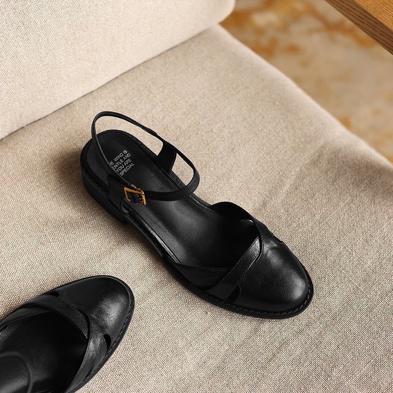 Women's Artisanal Round Toe Leather Sandals - Perforated Cowhide Summer Shoes