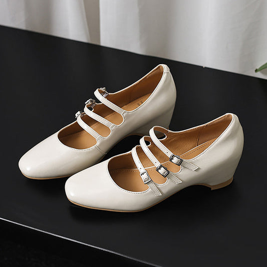 Women's French Vintage Triple-Strap Mary Janes - Elegant Wedge Heels Shoes