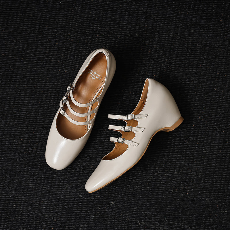 Women's French Vintage Triple-Strap Mary Janes - Elegant Wedge Heels Shoes
