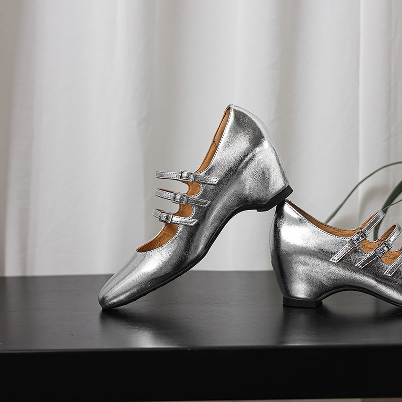 Women's French Vintage Triple-Strap Mary Janes - Elegant Wedge Heels Shoes