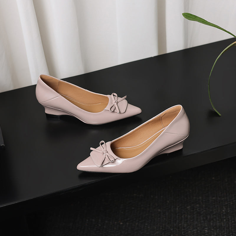 Women's Retro Patent Leather Pumps Vintage Pointed Toe Bow Wedge Heels