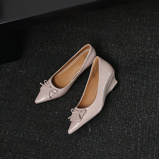 Women's Retro Patent Leather Pumps Vintage Pointed Toe Bow Wedge Heels