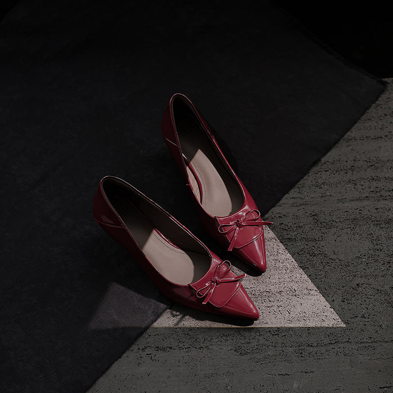 Women's Retro Patent Leather Pumps Vintage Pointed Toe Bow Wedge Heels