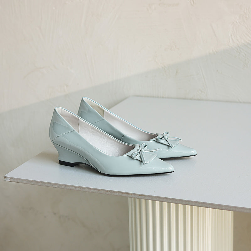 Women's Retro Patent Leather Pumps Vintage Pointed Toe Bow Wedge Heels