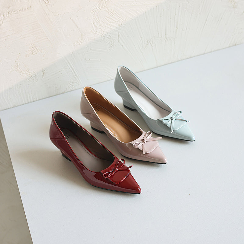 Women's Retro Patent Leather Pumps Vintage Pointed Toe Bow Wedge Heels