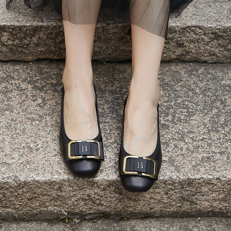 Women's Leather Low Heel Metal Buckle Embellished Pump