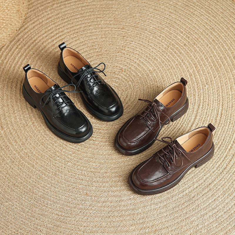 Women's Retro Leather Derby Shoes Vintage Round Toe Platform Oxfords