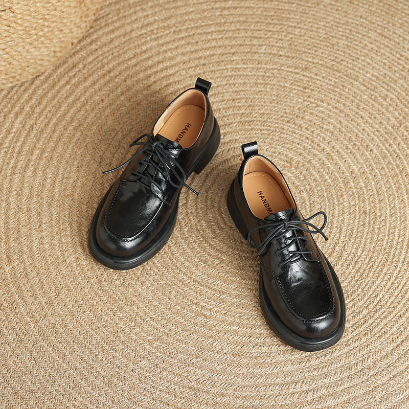 Women's Retro Leather Derby Shoes Vintage Round Toe Platform Oxfords