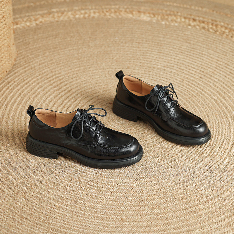 Women's Retro Leather Derby Shoes Vintage Round Toe Platform Oxfords