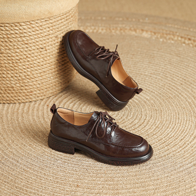 Women's Retro Leather Derby Shoes Vintage Round Toe Platform Oxfords
