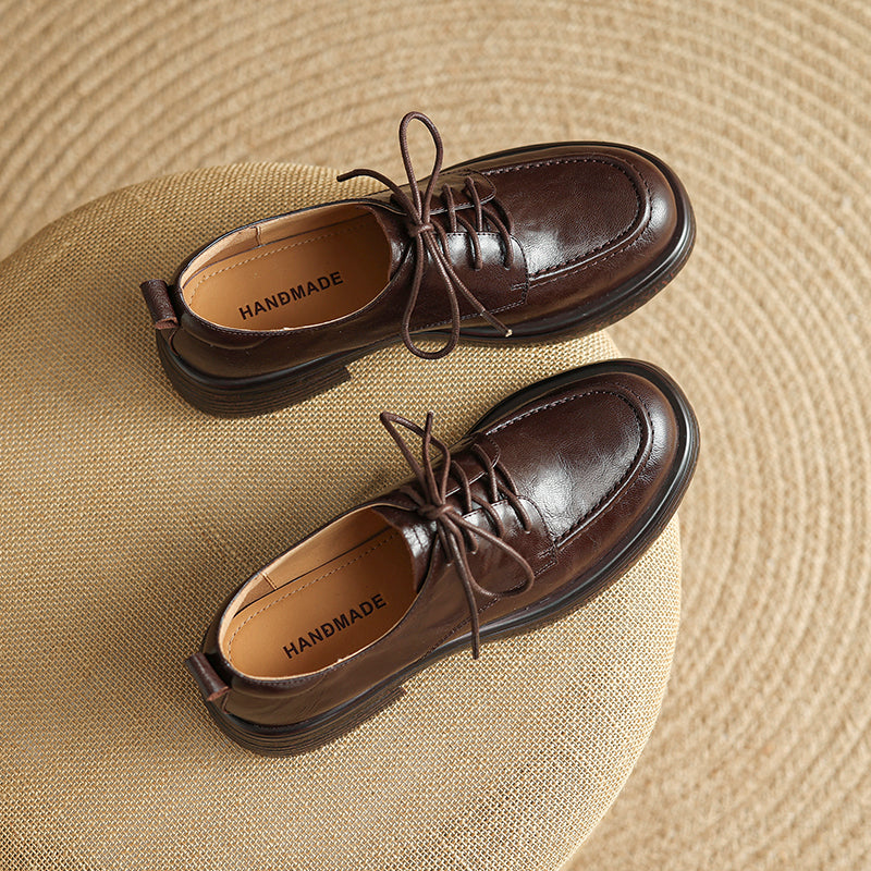 Women's Retro Leather Derby Shoes Vintage Round Toe Platform Oxfords