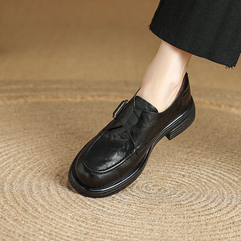 Women's Retro Leather Monk Strap Loafers Vintage Round Toe Platform Flats