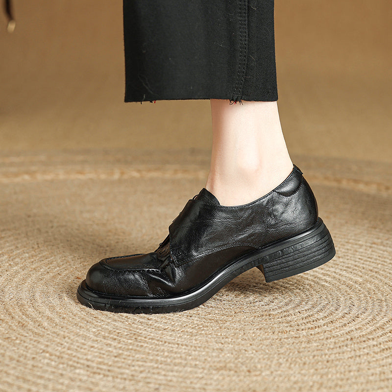 Women's Retro Leather Monk Strap Loafers Vintage Round Toe Platform Flats