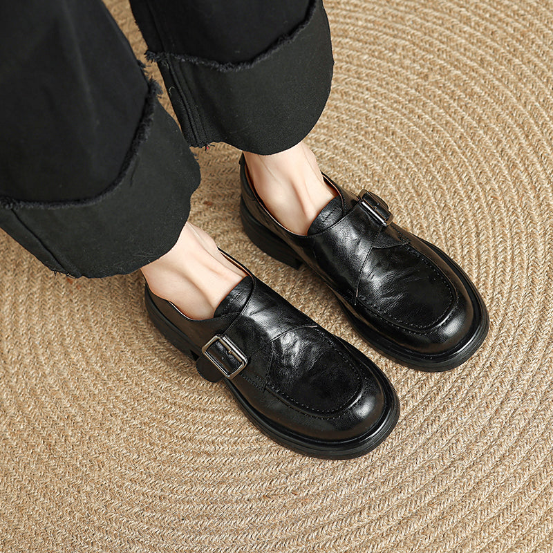 Women's Retro Leather Monk Strap Loafers Vintage Round Toe Platform Flats