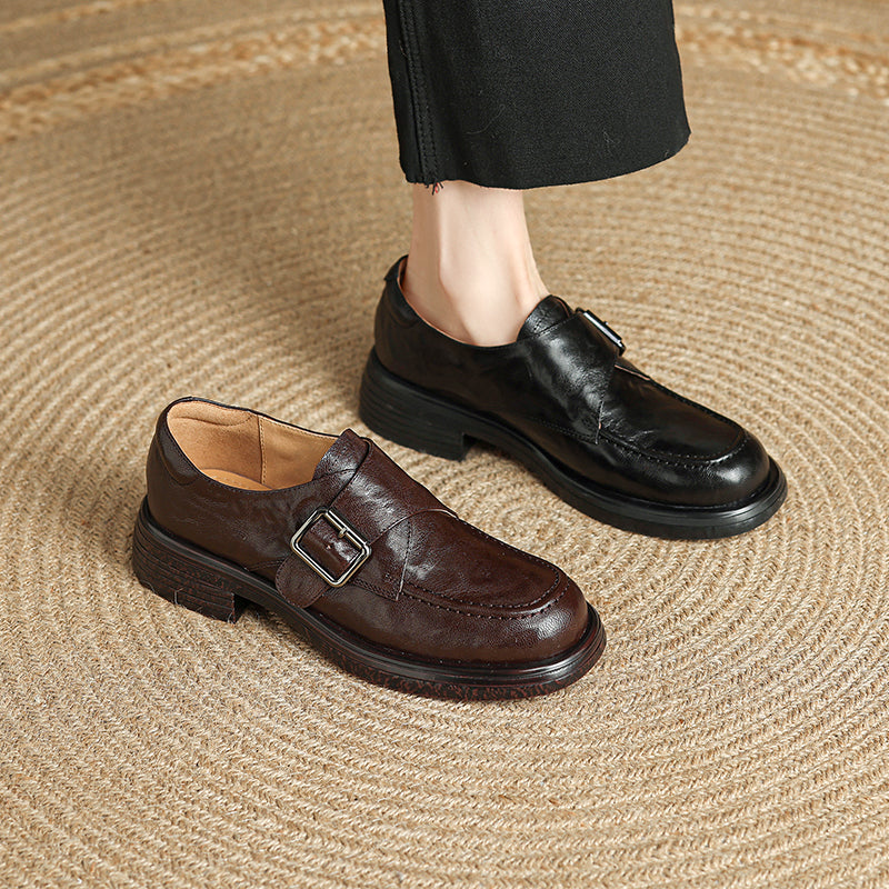 Women's Retro Leather Monk Strap Loafers Vintage Round Toe Platform Flats