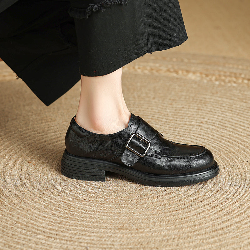 Women's Retro Leather Monk Strap Loafers Vintage Round Toe Platform Flats