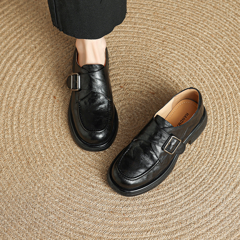 Women's Retro Leather Monk Strap Loafers Vintage Round Toe Platform Flats
