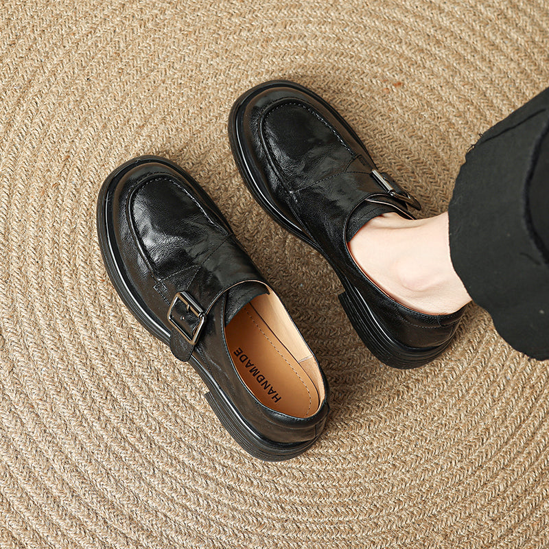 Women's Retro Leather Monk Strap Loafers Vintage Round Toe Platform Flats