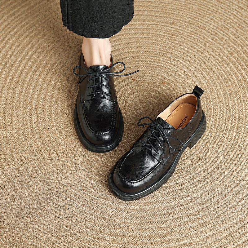 Women's Retro Leather Derby Shoes Vintage Round Toe Platform Oxfords