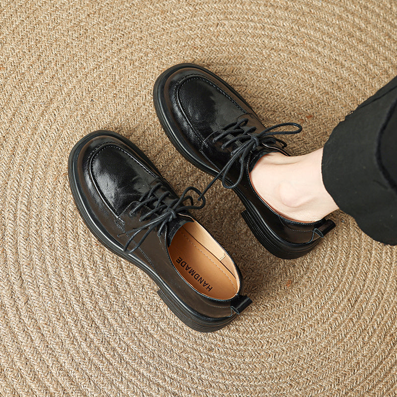 Women's Retro Leather Derby Shoes Vintage Round Toe Platform Oxfords