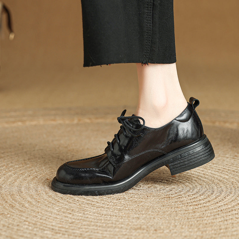 Women's Retro Leather Derby Shoes Vintage Round Toe Platform Oxfords
