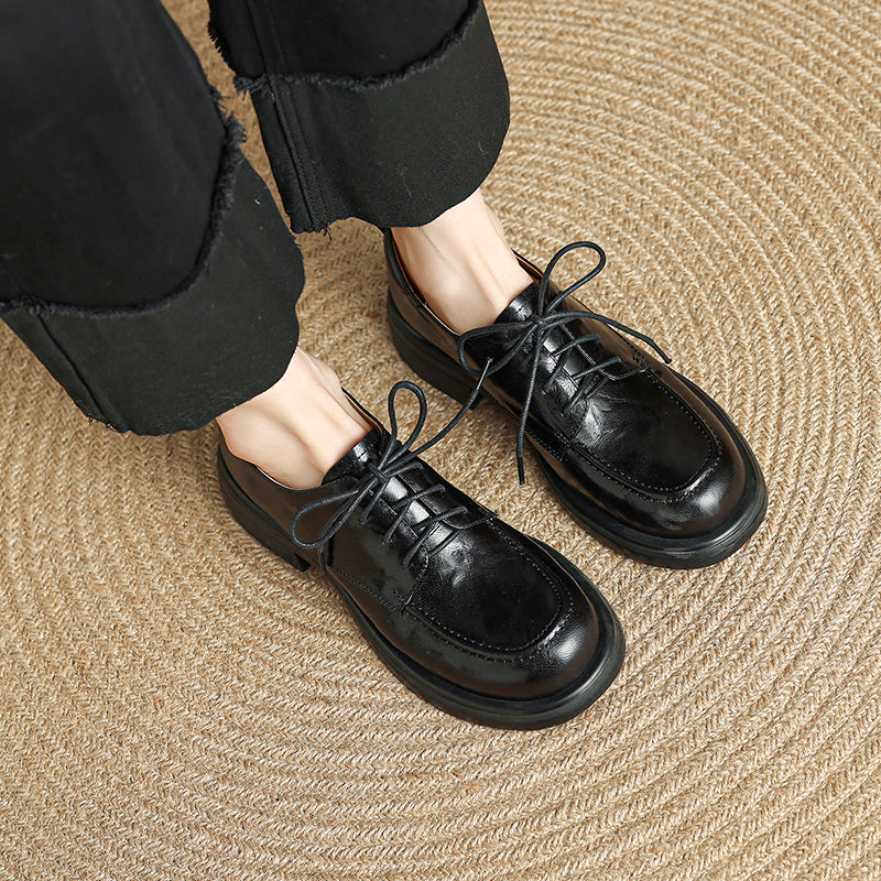 Women's Retro Leather Derby Shoes Vintage Round Toe Platform Oxfords