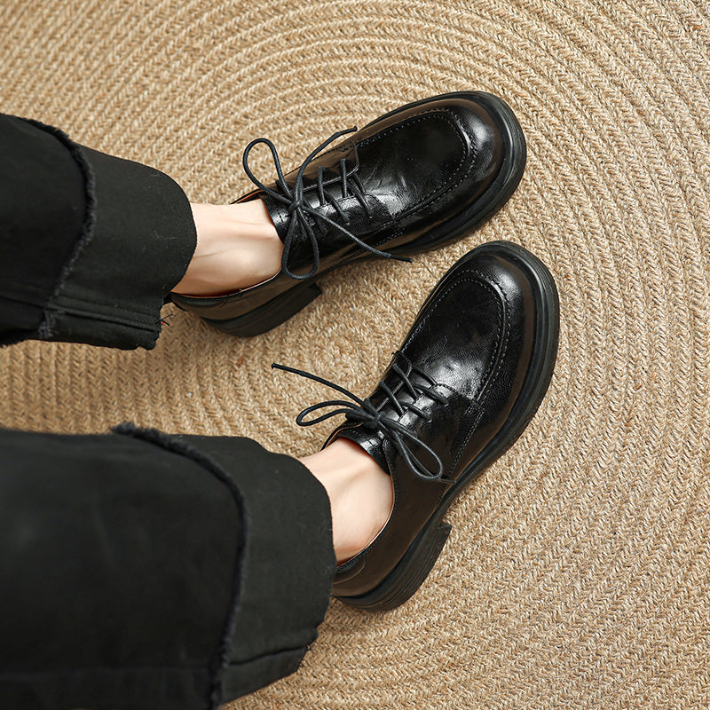 Women's Retro Leather Derby Shoes Vintage Round Toe Platform Oxfords