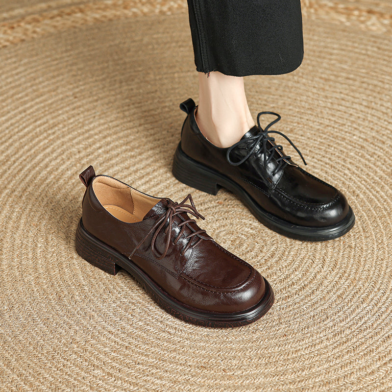 Women's Retro Leather Derby Shoes Vintage Round Toe Platform Oxfords