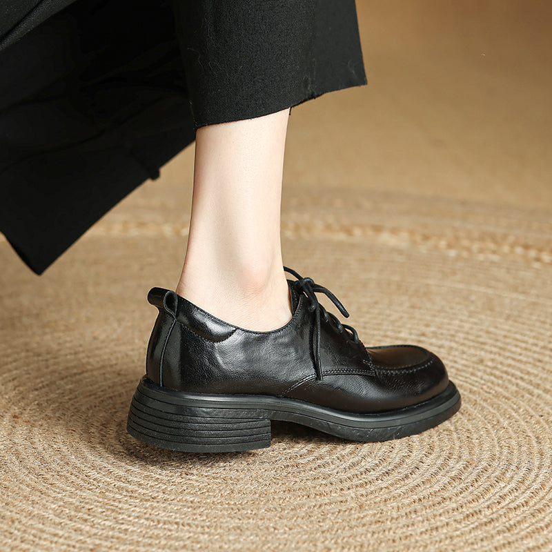 Women's Retro Leather Derby Shoes Vintage Round Toe Platform Oxfords
