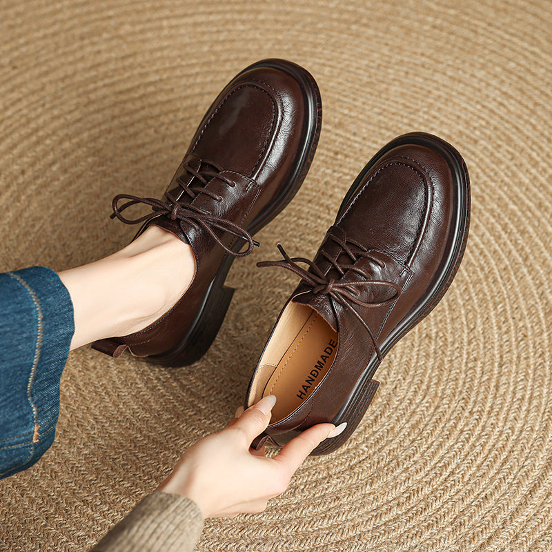 Women's Retro Leather Derby Shoes Vintage Round Toe Platform Oxfords