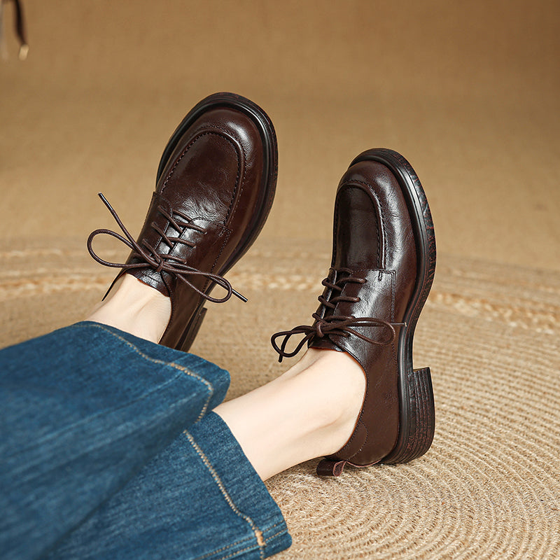 Women's Retro Leather Derby Shoes Vintage Round Toe Platform Oxfords
