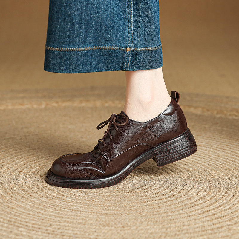 Women's Retro Leather Derby Shoes Vintage Round Toe Platform Oxfords
