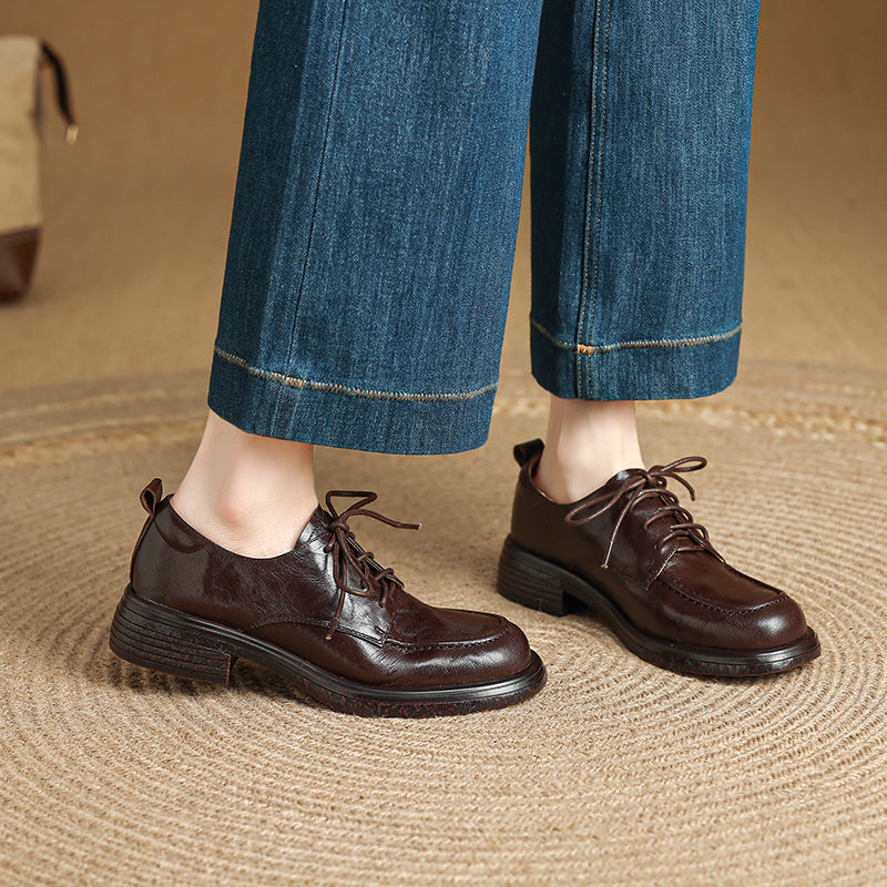 Women's Retro Leather Derby Shoes Vintage Round Toe Platform Oxfords