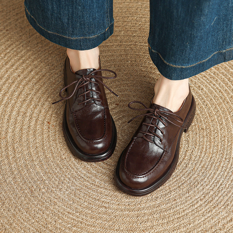 Women's Retro Leather Derby Shoes Vintage Round Toe Platform Oxfords