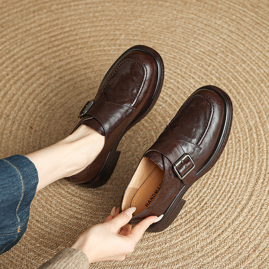 Women's Retro Leather Monk Strap Loafers Vintage Round Toe Platform Flats