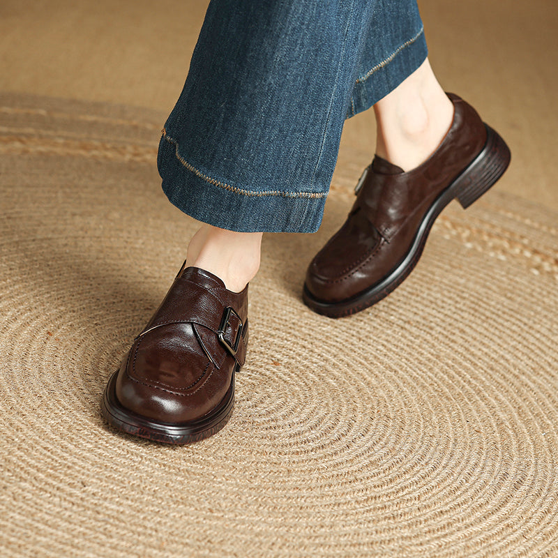 Women's Retro Leather Monk Strap Loafers Vintage Round Toe Platform Flats